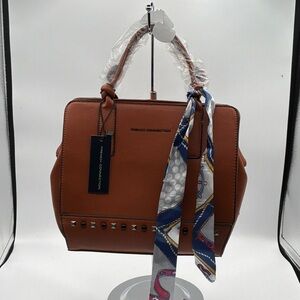 French Connection Tan Satchel with Scarf Accent
